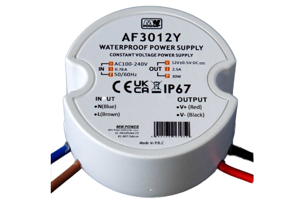 MWPower Wasserdichtes Mini-Netzteil Ø50mm - DC 12V 30 Watt 2.5A - IP67 1.25A - IP67