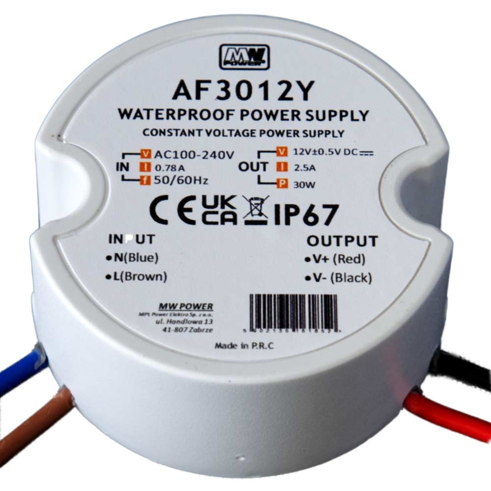 MWPower Wasserdichtes Mini-Netzteil Ø50mm - DC 12V 30 Watt 2.5A - IP67 1.25A - IP67