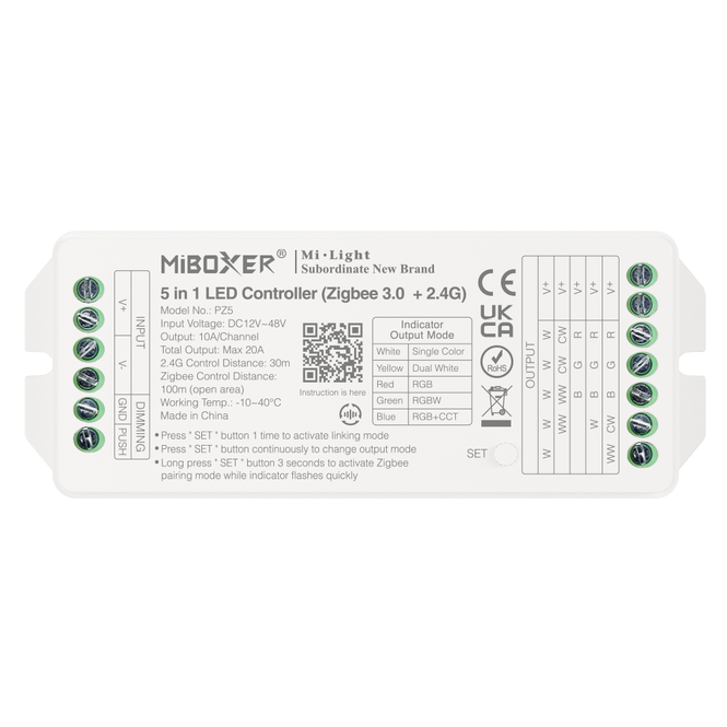 MiLight PZ5 5 in 1 SingleColor/DualWhite/RGB/RGBWW/RGB+CCT Zigbee 3.0 + 2.4G)LED Strip Controller 12-48V, 20A (separat)
