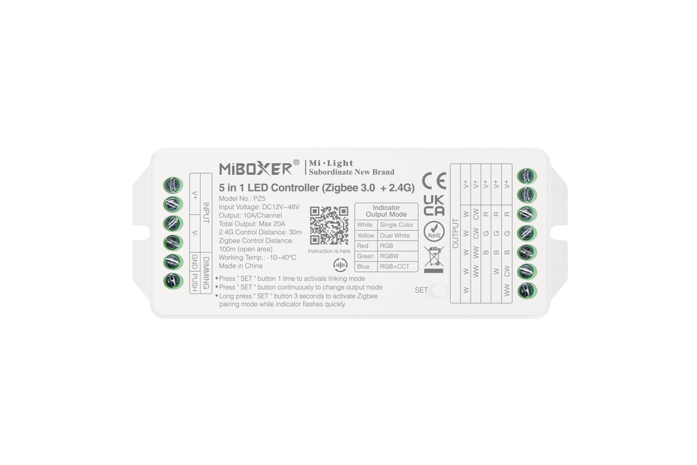 MiLight PZ5 5 in 1 SingleColor/DualWhite/RGB/RGBWW/RGB+CCT Zigbee 3.0 + 2.4G)LED Strip Controller 12-48V, 20A (separat)