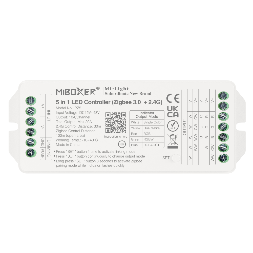 MiLight PZ5 5 in 1 SingleColor/DualWhite/RGB/RGBWW/RGB+CCT Zigbee 3.0 + 2.4G)LED Strip Controller 12-48V, 20A (separat)