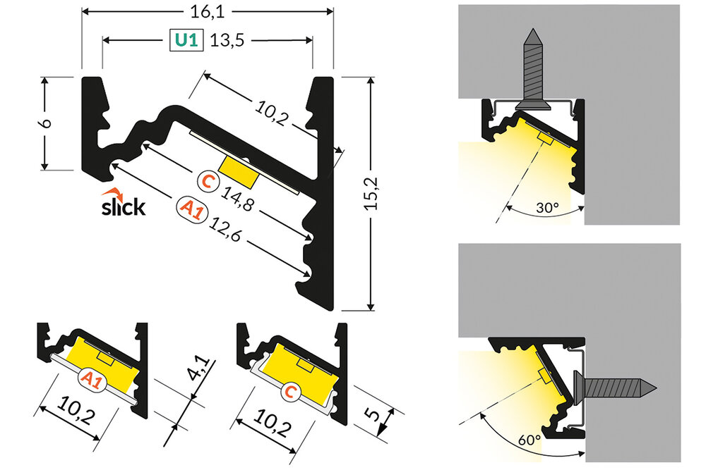 ANGLE10 V2 10mm Aufputz-Led-Profil 1m-2m