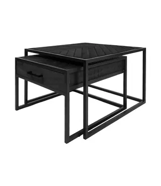 Home67 Salontafel Ruby Visgraat - Zwart Mangohout - Set van 2