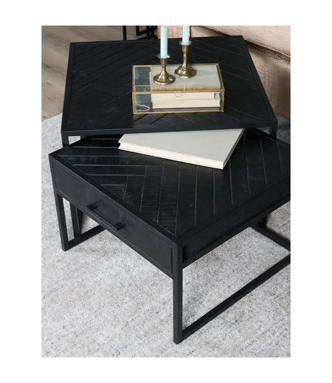 Home67 Salontafel Ruby Visgraat - Zwart Mangohout - Set van 2
