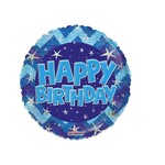 Party Planet Folieballon ’Happy Birthday’ holografisch blauw (Ø46cm)