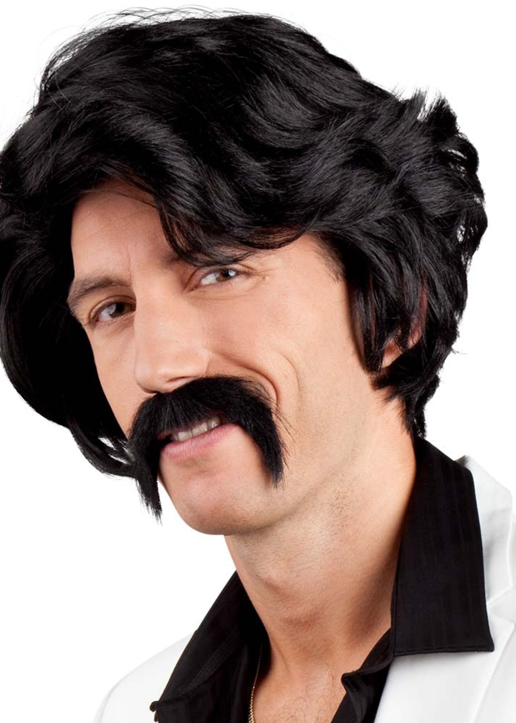 Party Planet Pruik Chuck zwart met snor