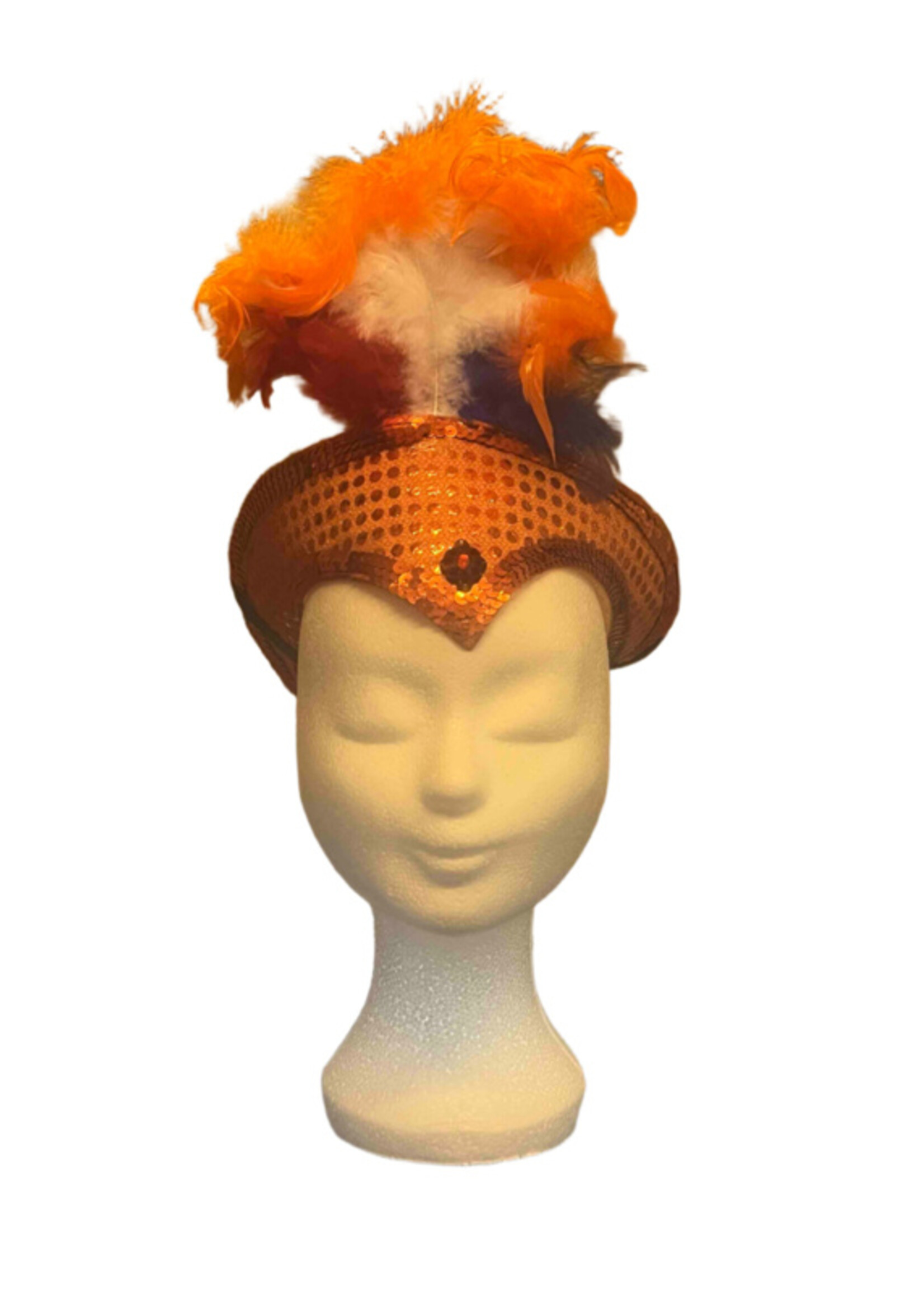 Party Planet Oranje diadeem met oranje pailletten en veren
