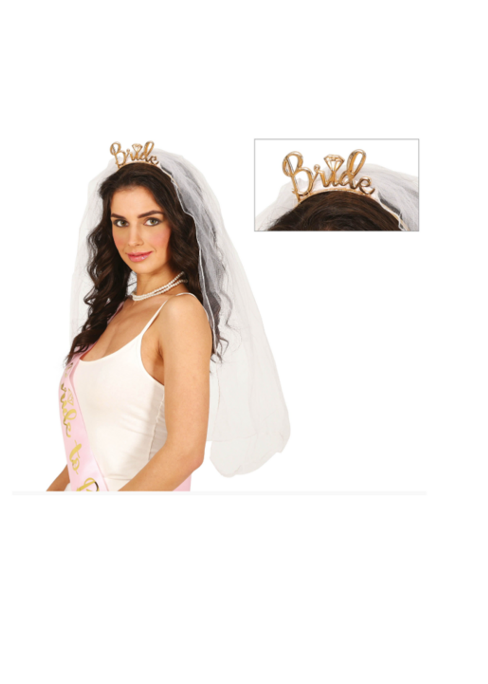 Party Planet Bruidsluier met bruidstiara van kunststof, voor volwassenen