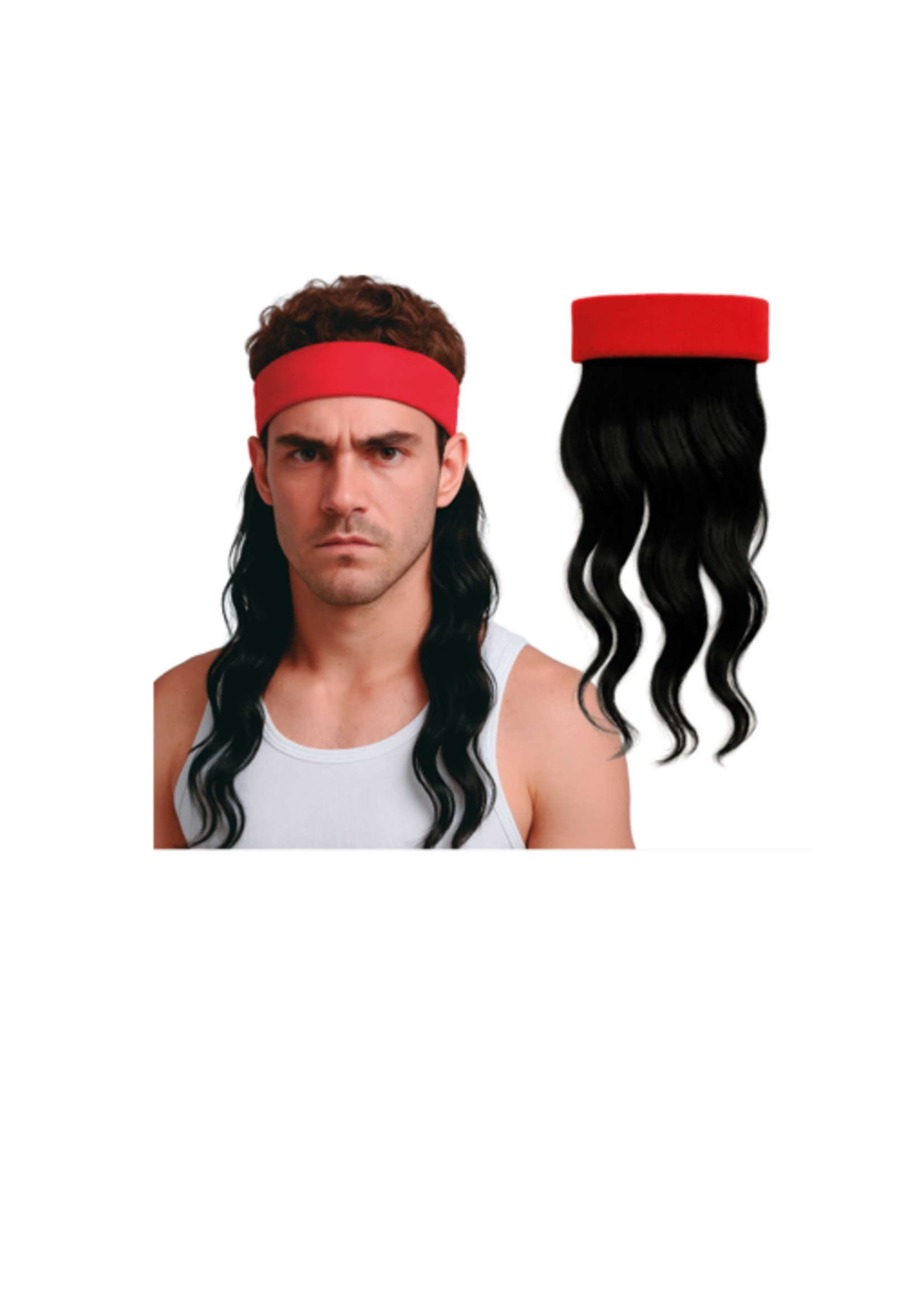 Party Planet Bruine pruik met rode strik.