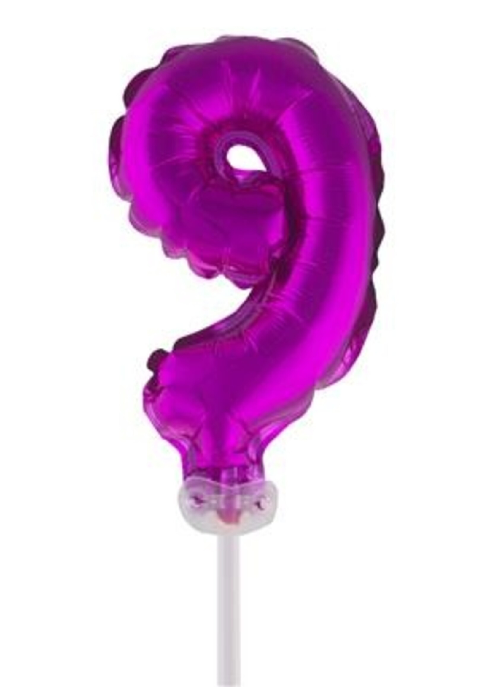 Party Planet Folieballon 5" met stokje cijfer 9 roze
