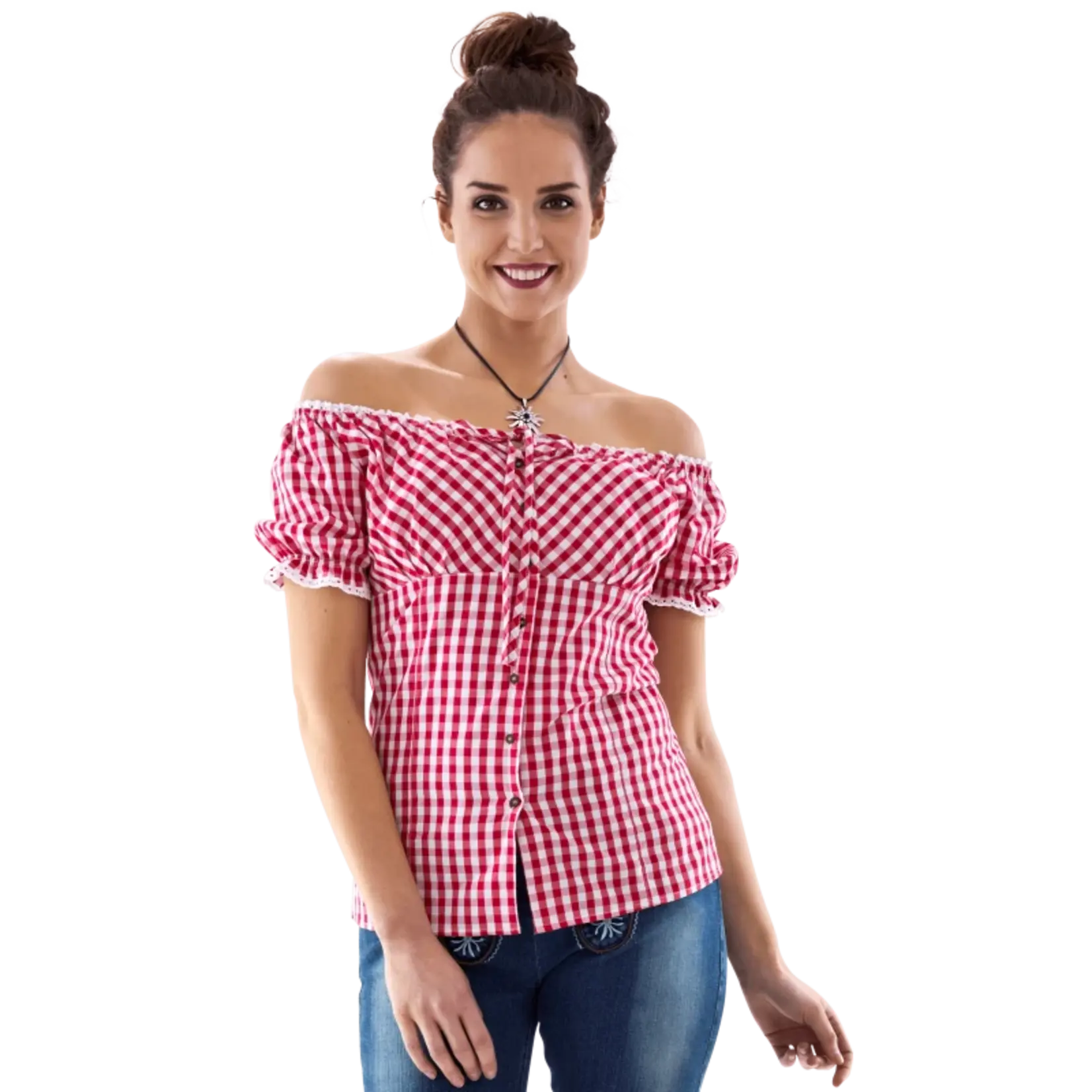 Party Planet Carmenblouse rood/wit geruit H-2650