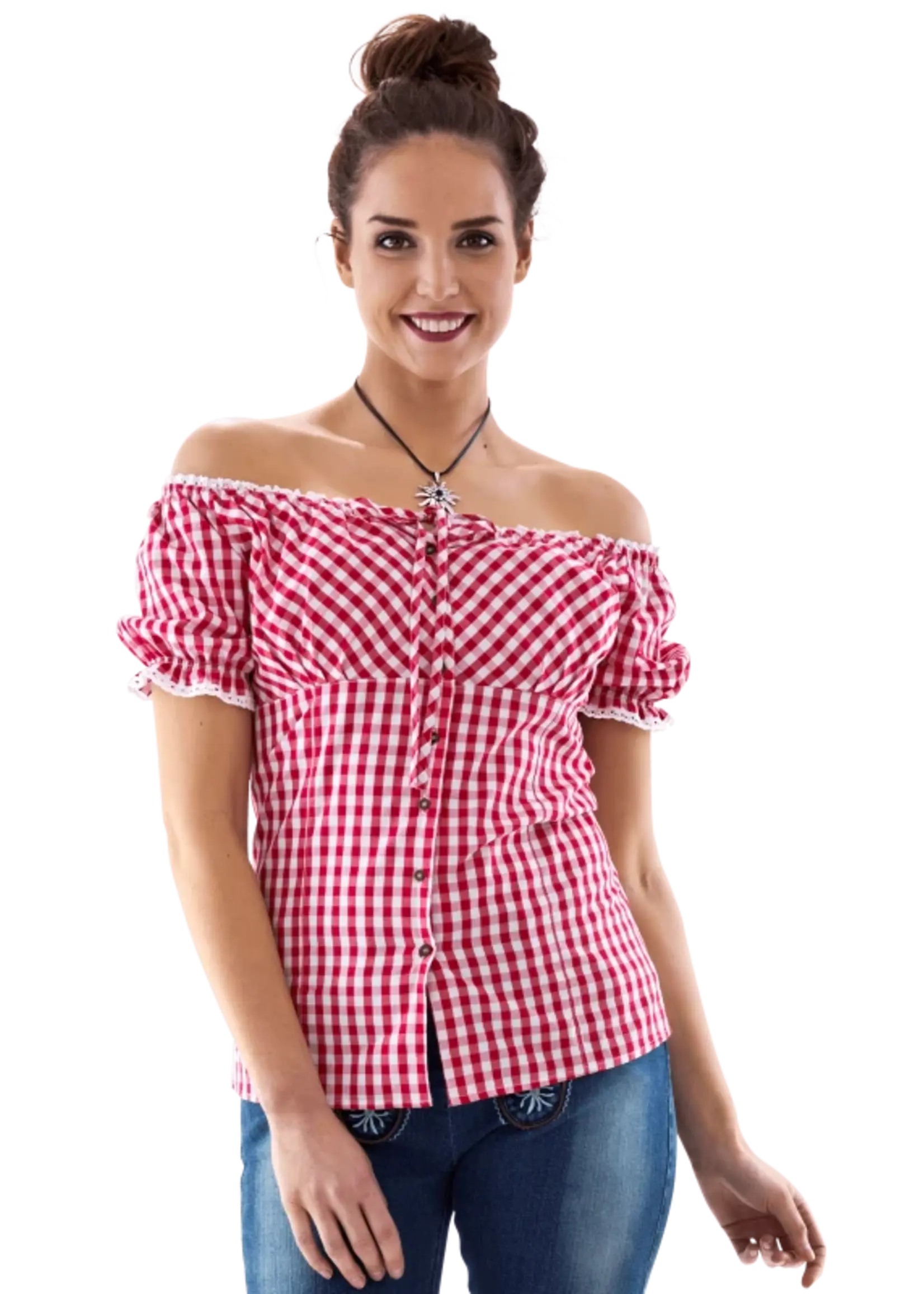 Party Planet Carmenblouse rood/wit geruit H-2650