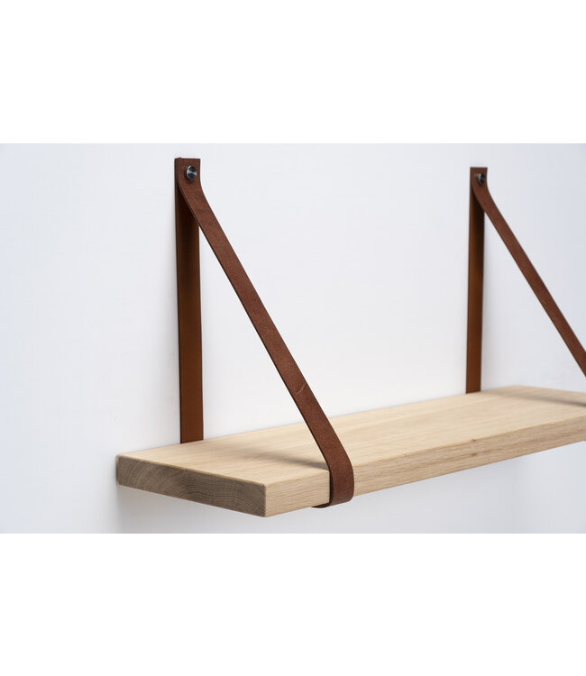 Eiken wandplank 3 cm dik | Met bruine leren plankdragers
