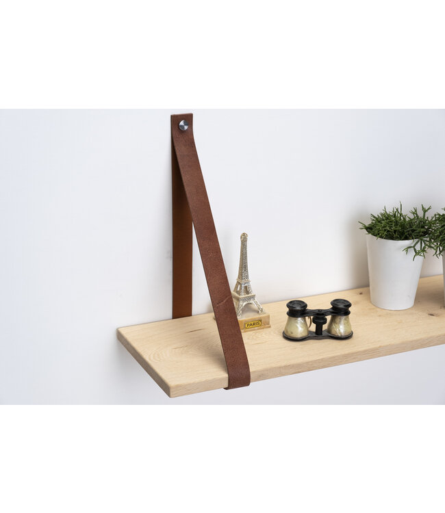Eiken wandplank 2 cm dik | Met bruine leren plankdragers