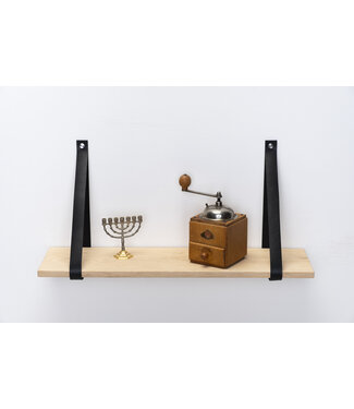Wolff Houtbewerking Wandplank eiken 2cm met leren plankdragers zwart