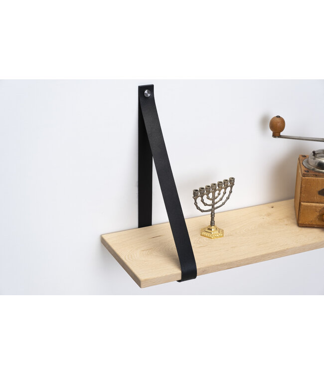 Eiken wandplank 2 cm dik | Met zwarte leren plankdragers