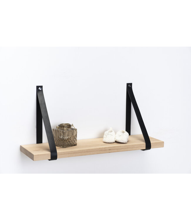 Eiken wandplank 3 cm dik | Met zwarte leren plankdragers