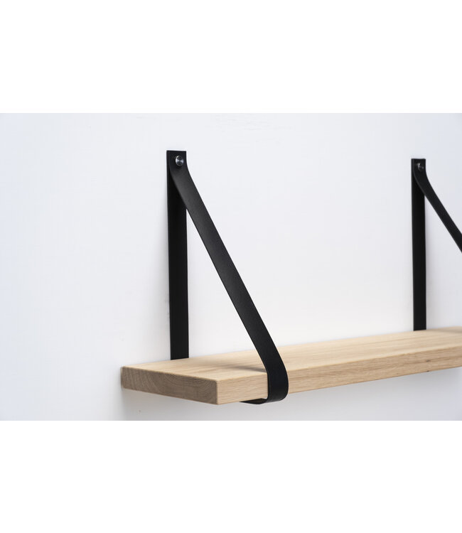 Eiken wandplank 3 cm dik | Met zwarte leren plankdragers