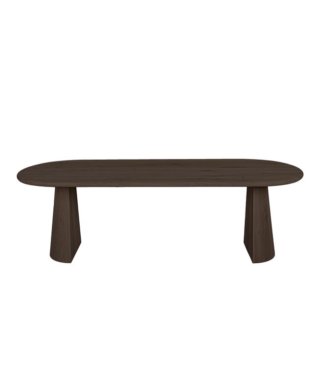 Ovale eiken eettafel met taps toelopende poot en afgeronde rand – 280 x 110 cm, 4 cm dik