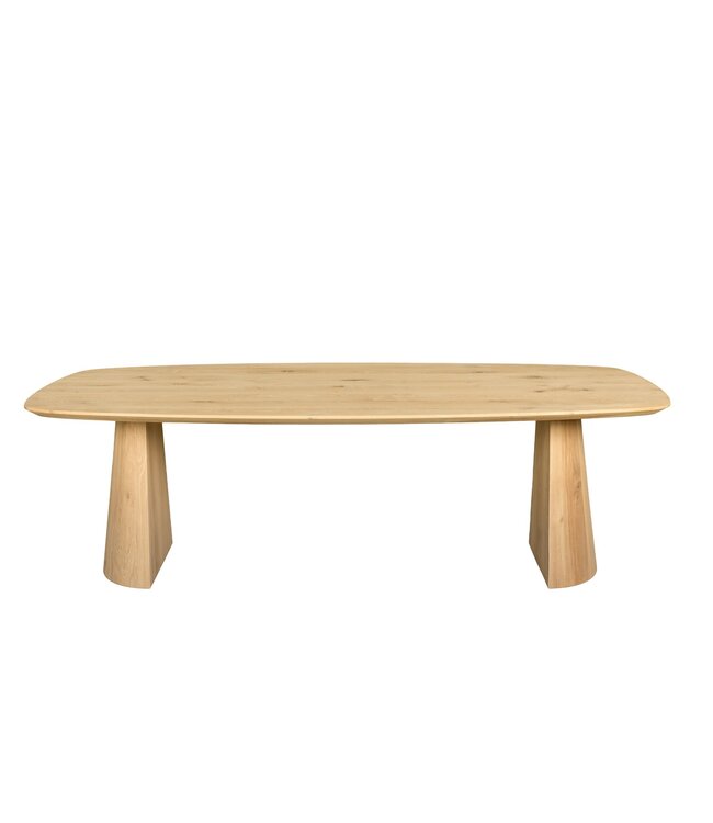 Bootvormige eiken eettafel met taps toelopende poot en Deense rand – 240 x 110 cm, 4 cm dik