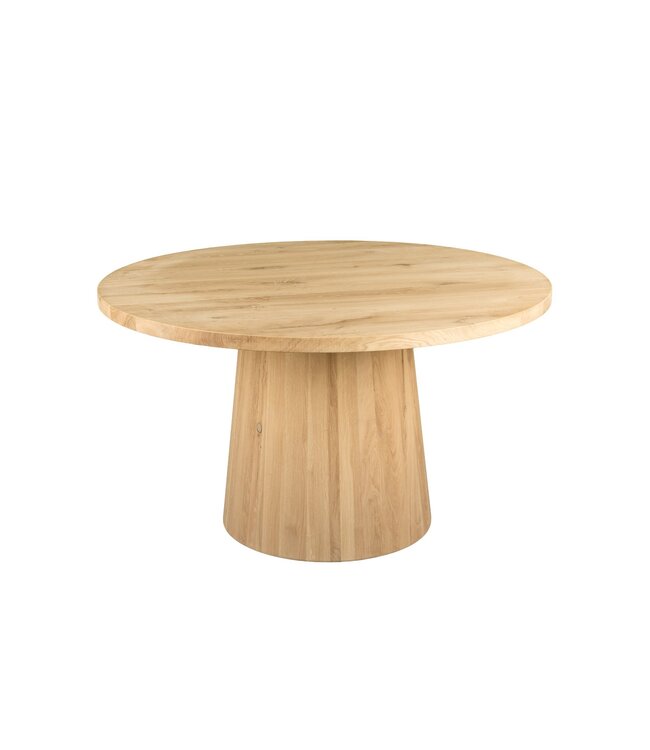 Ronde eiken eettafel met conische kolompoot en rechte rand – Ø 110 cm, 4 cm dik