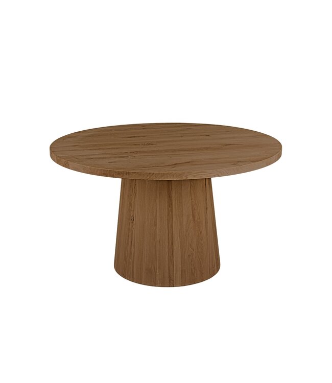 Ronde eiken eettafel met conische kolompoot en rechte rand – Ø 110 cm, 4 cm dik