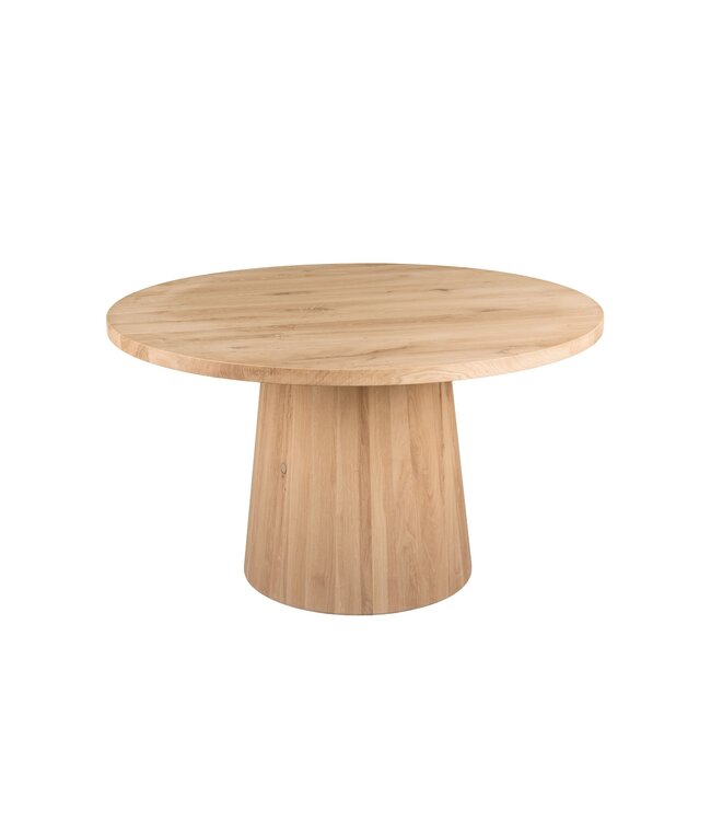 Ronde eiken eettafel met conische kolompoot en rechte rand – Ø 110 cm, 4 cm dik