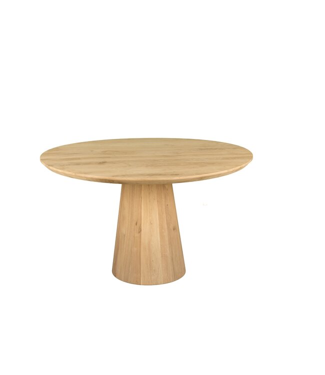 Ronde eiken eettafel met conische kolompoot en Deense rand – Ø 110 cm, 4 cm dik