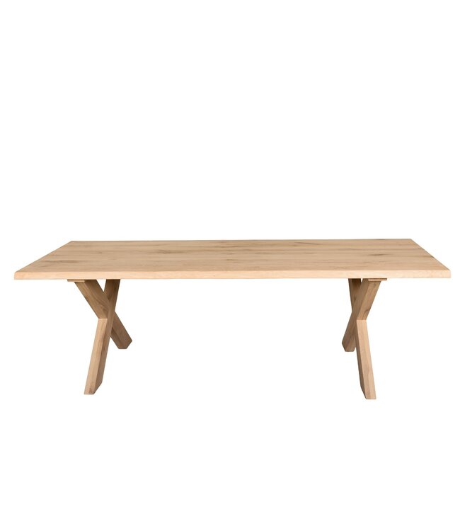 Rechthoekige eiken eettafel met X-poot en boomstamrand – 260 x 110 cm, 4 cm dik