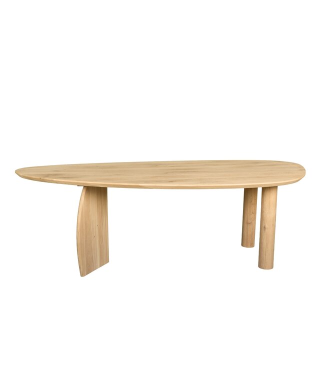 Organische eiken eettafel met boogpoot en cilinderpoten en Deense rand – 300 x 110 cm, 3 cm dik