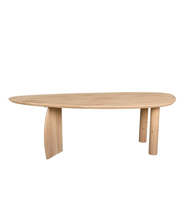 Organische eiken eettafel met boogpoot en cilinderpoten en Deense rand – 280 x 110 cm, 4 cm dik