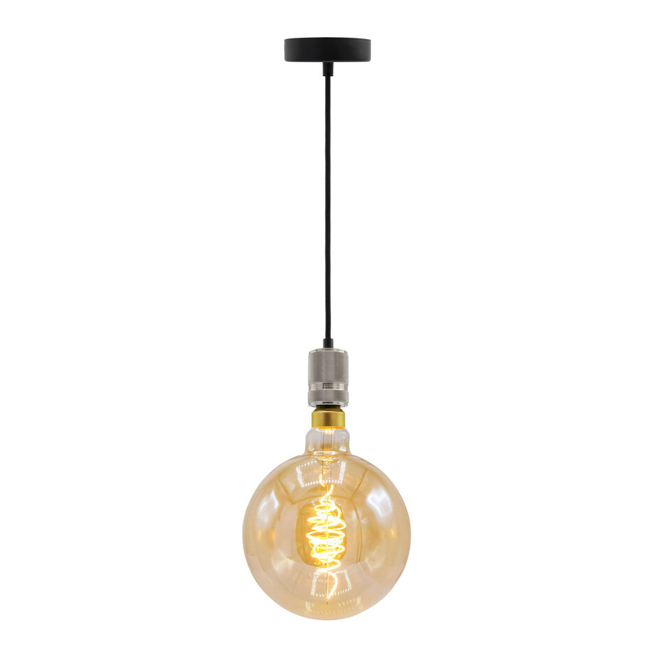 Industriële zilveren snoerpendel incl. 8,5W tot 10W XXXL lamp, amber glas, 2000K, Ø200