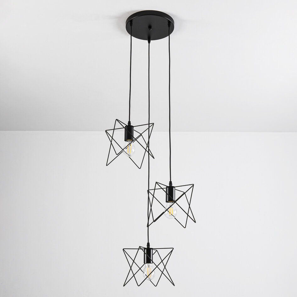 Suspension industrielle Star 3 lumières en métal noir