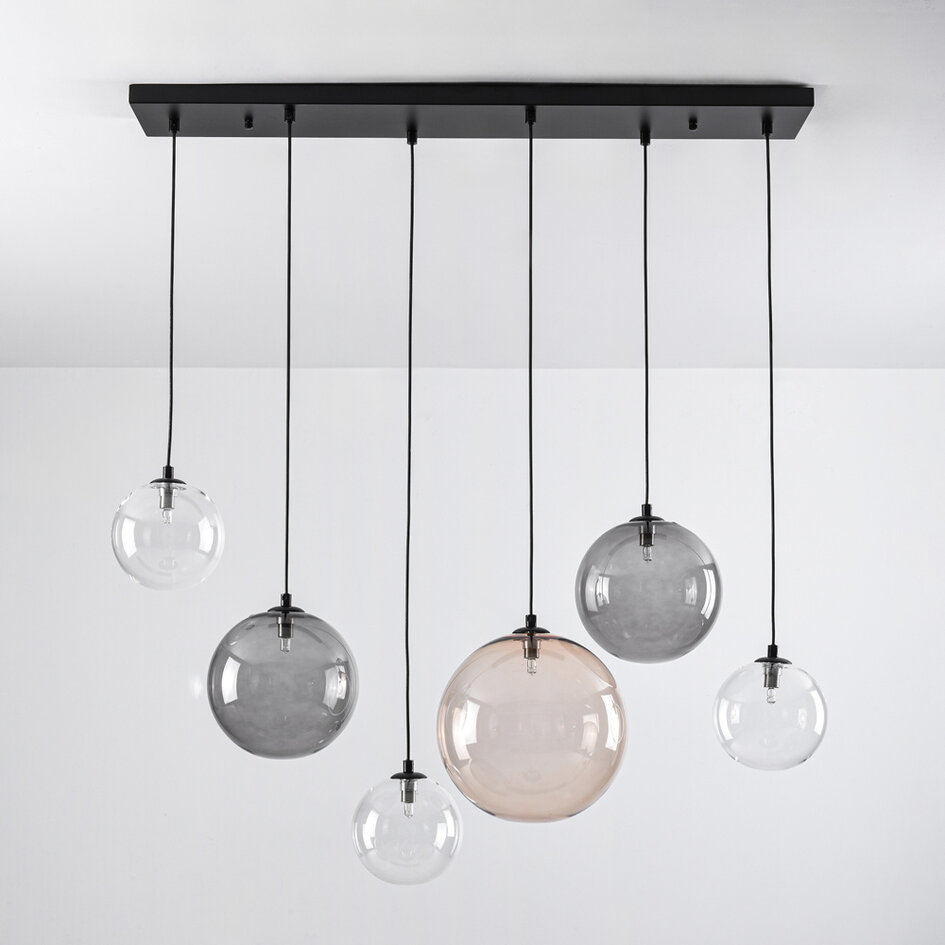 6-lichts hanglamp Lumora - smoke, amber en transparant glas