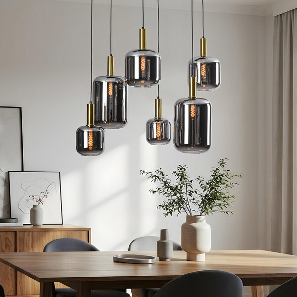 Lampe suspendue moderne noire avec or et verre fumé, 6 lumières - Sei