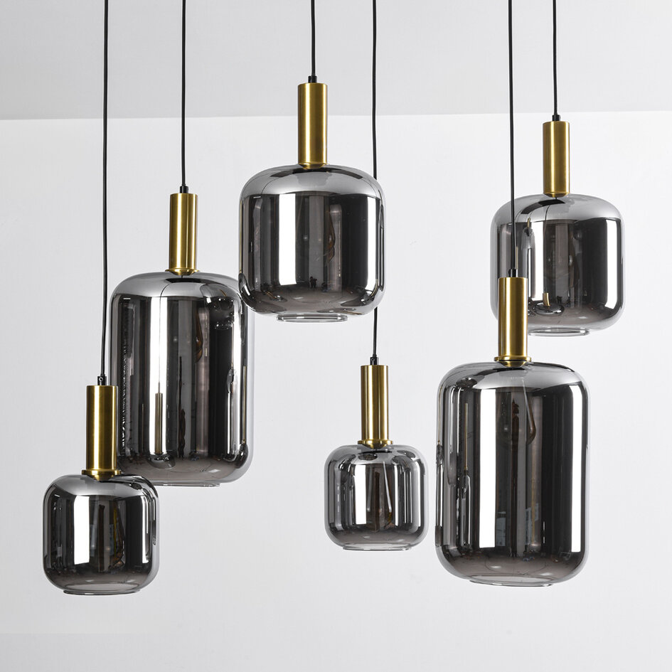 Lampe suspendue moderne noire avec or et verre fumé, 6 lumières - Sei