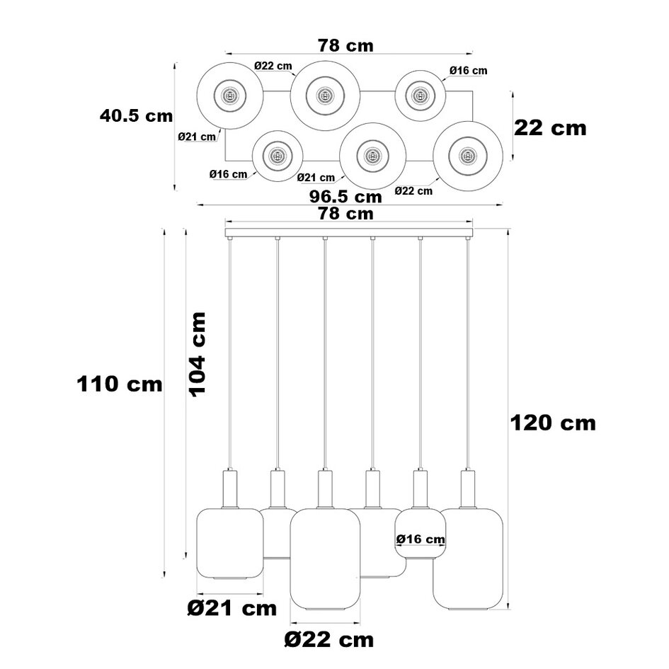 Lampe suspendue moderne noire avec or et verre fumé, 6 lumières - Sei