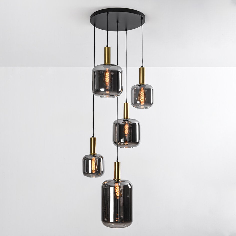 Suspension 5 lumières Cinque - noir, doré et verre fumé
