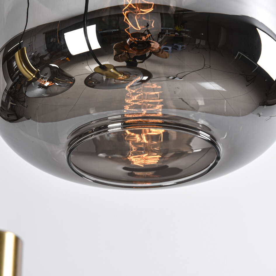 Design hanglamp zwart met smoke glas en gouden details, 5-lichts - Cinque