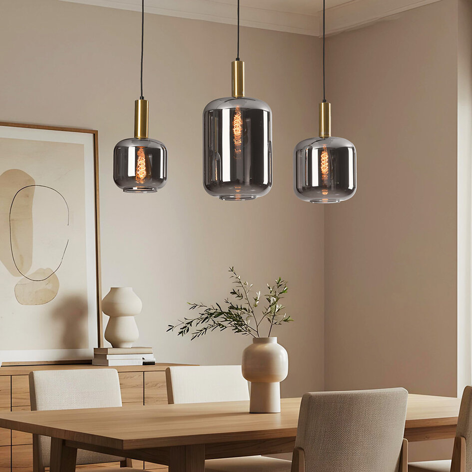 3-lichts zwart met gouden hanglamp Tectos met smoke glas