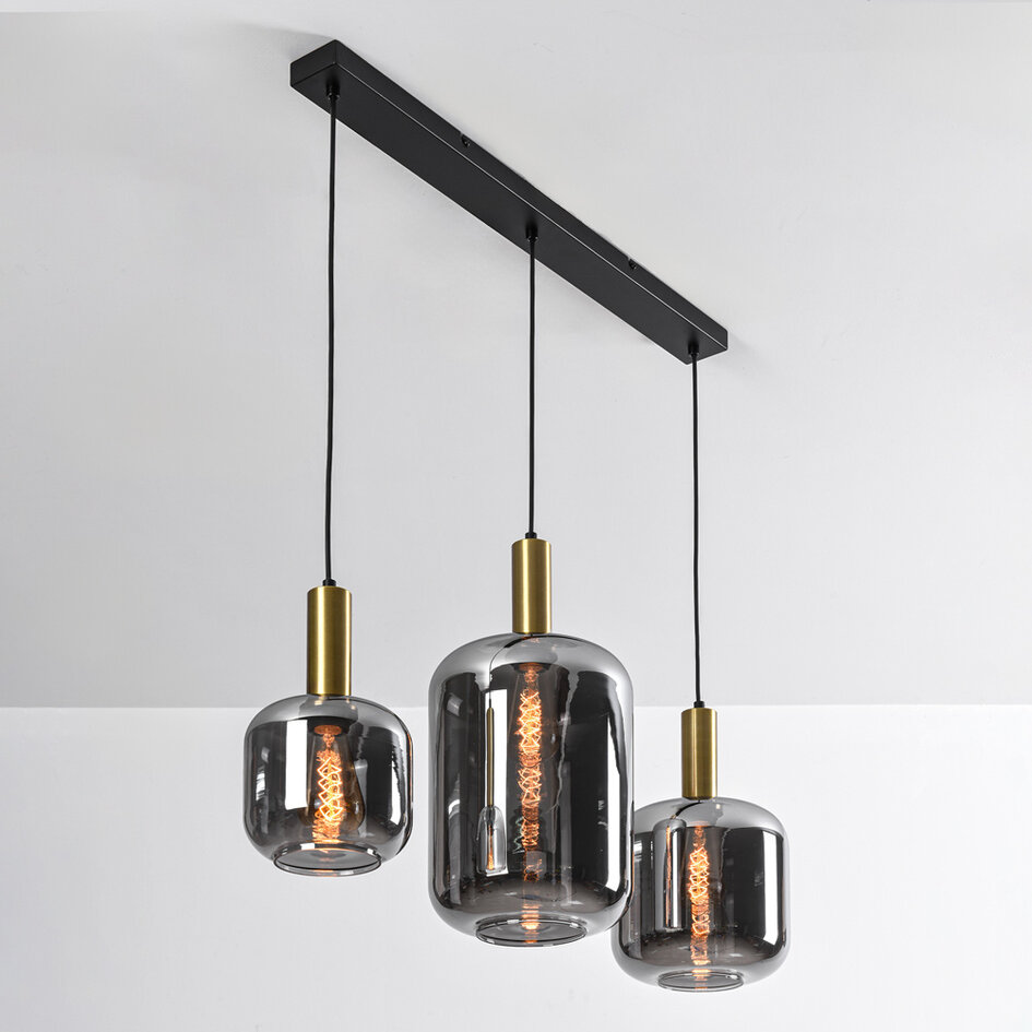 3-lichts zwart met gouden hanglamp Tectos met smoke glas
