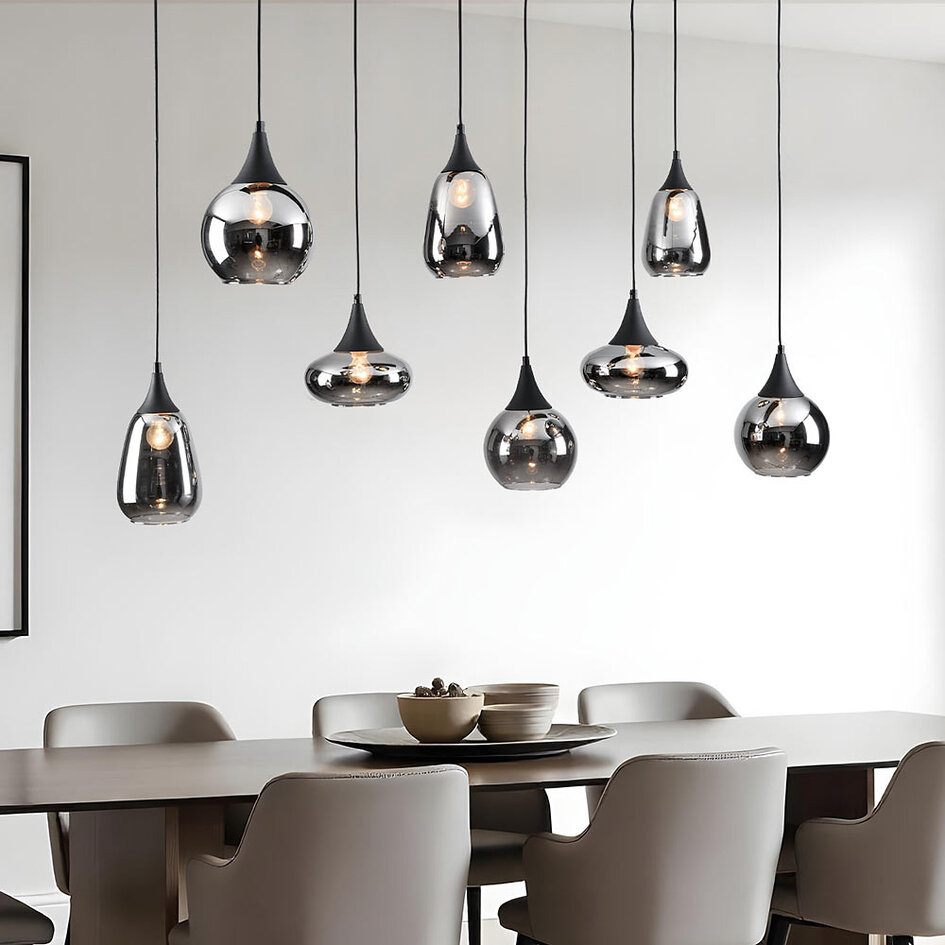 Lampe suspendue noire avec verre fumé, 8 lumières - Loic