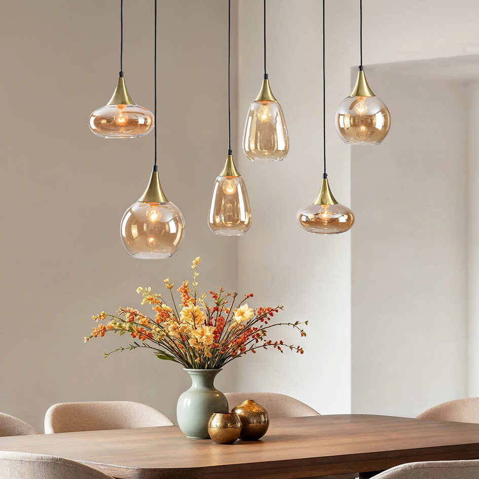 Hanglamp goud met amber glas, 6-lichts - Loic
