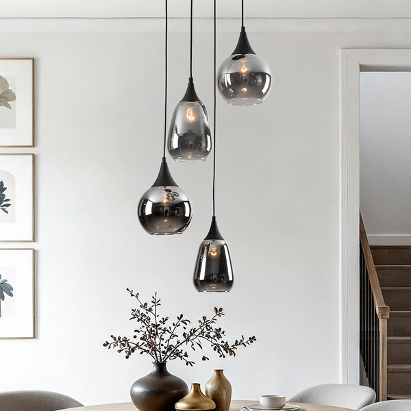 Lampe suspendue Loua noir avec verre fumé, 4 lumières