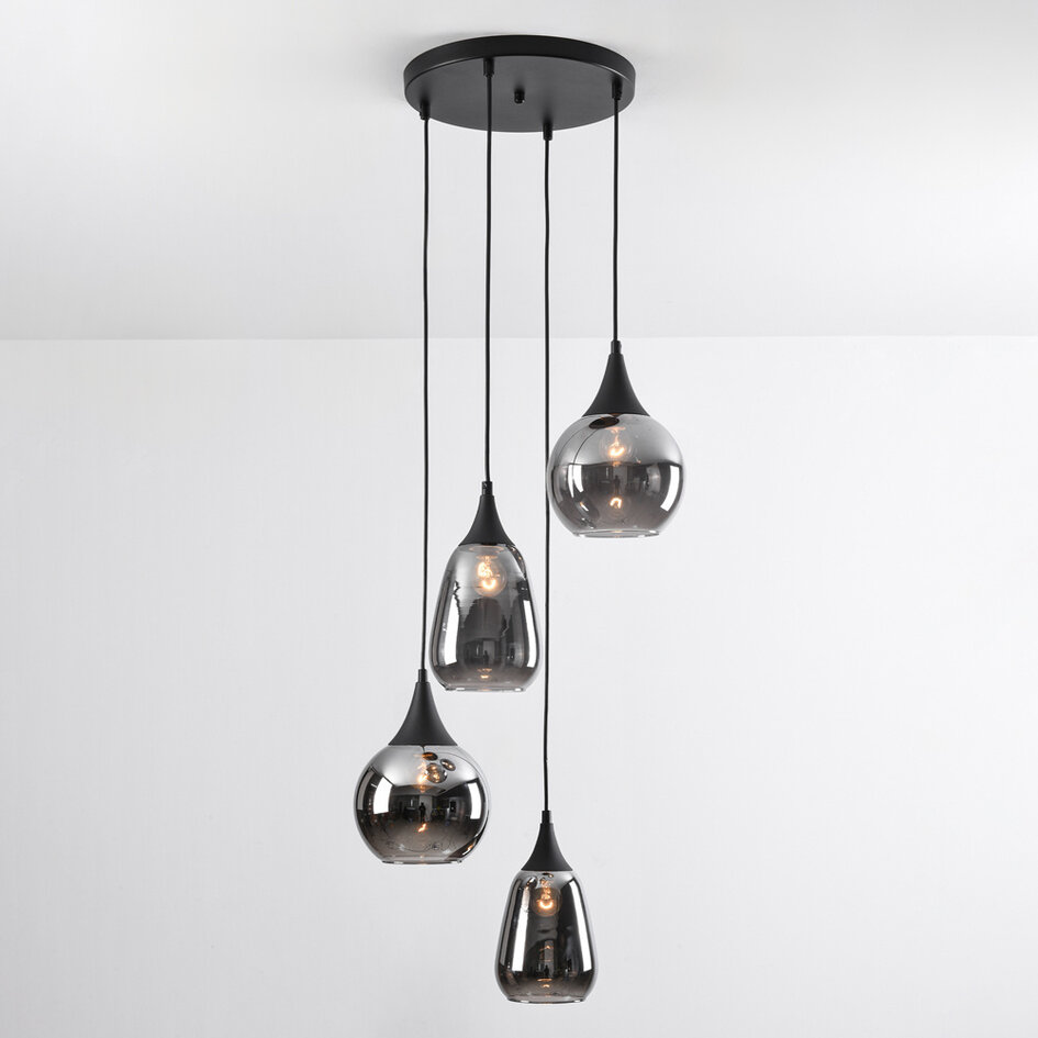 Lampe suspendue Loua noir avec verre fumé, 4 lumières