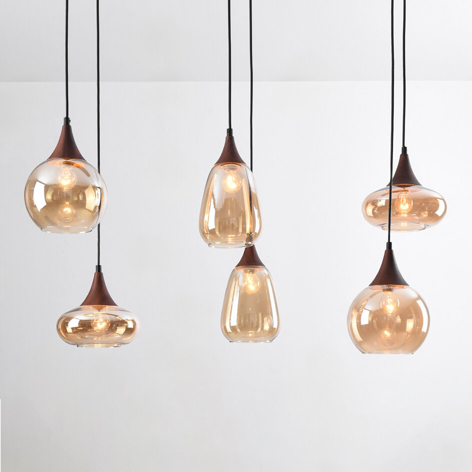 Lampe suspendue en verre ambré et aspect bois foncé, 6 lumières - Loic