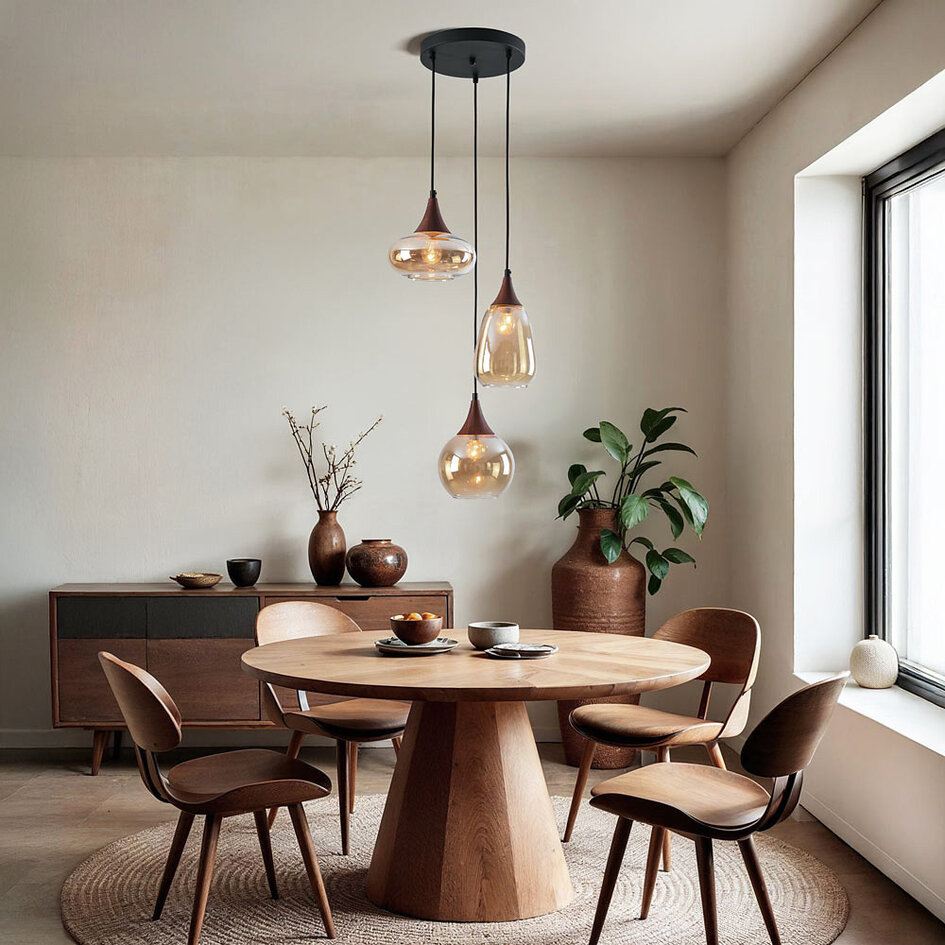 Hanglamp met amber glas en donkere houtoptiek, 3-lichts - Loua