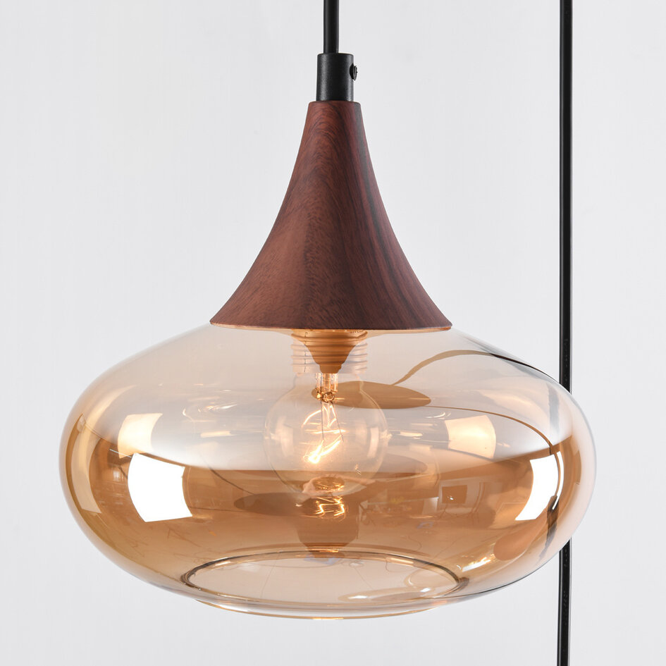 Hanglamp met amber glas en donkere houtoptiek, 3-lichts - Loua
