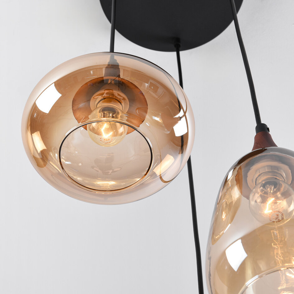 Hanglamp met amber glas en donkere houtoptiek, 3-lichts - Loua