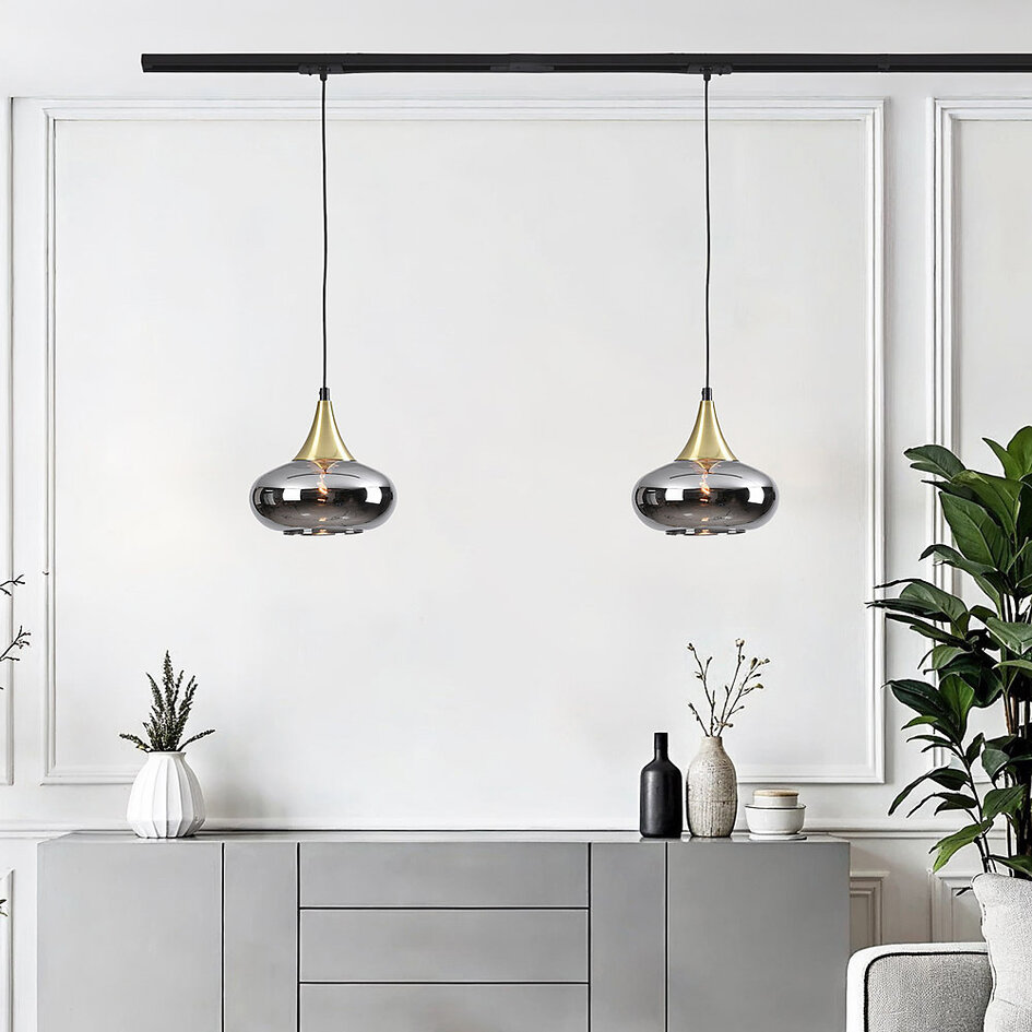 Lampe suspendue sur rail à 1 phase Nill gold avec verre fumé à effet miroir - verre large